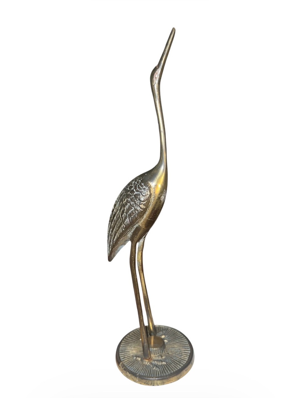 Brass Crane Statue with Etched Feather Detail